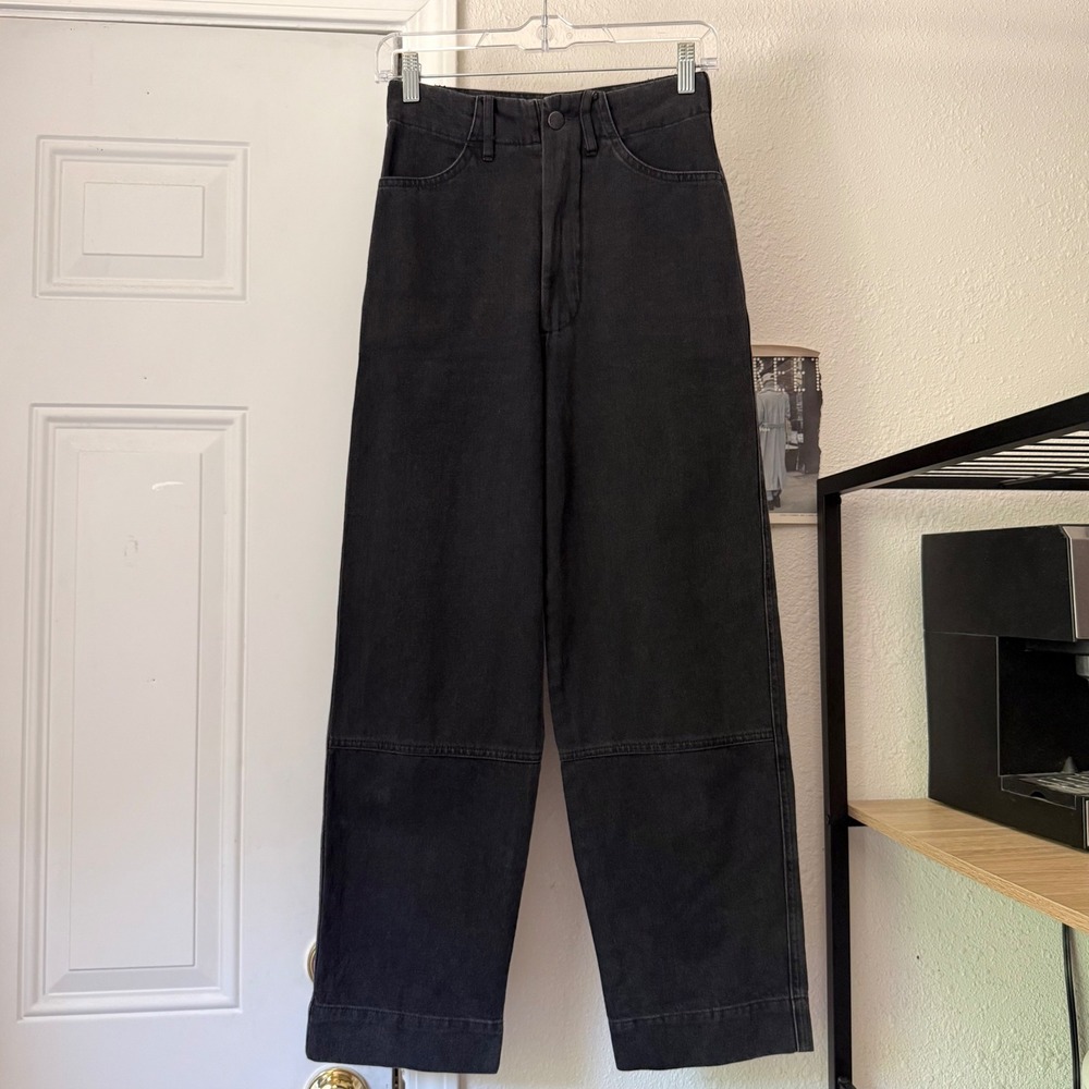 MICAELA GREG black cotton denim high rise wide balloon barrel leg cropped jeans